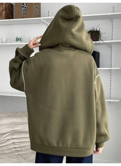 1pc Top-stitching Drop Shoulder Drawstring Zipper Thermal Lined Hoodie - Choose