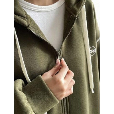 1pc Top-stitching Drop Shoulder Drawstring Zipper Thermal Lined Hoodie - Choose