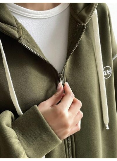 1pc Top-stitching Drop Shoulder Drawstring Zipper Thermal Lined Hoodie - Choose