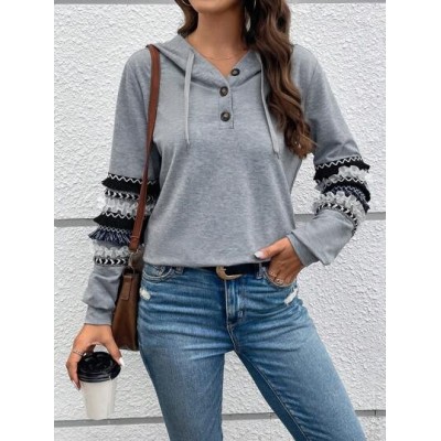 Women.s Contrast Color Fringe Detail Half-button Front Drawstring Hoodie - Choo