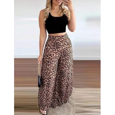 VCAY Solid Color Round Neck Vest And Leopard Print Wide Leg Pants - Choose Your