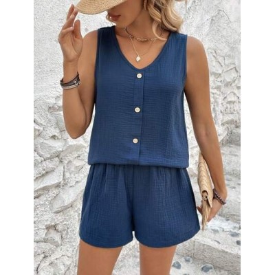 Button Decoration Sleeveless Top And Shorts Two-Piece Set - Choose Your Size