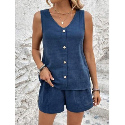 Button Decoration Sleeveless Top And Shorts Two-Piece Set - Choose Your Size