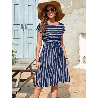 Striped Print Belted Dress - Choose Your Size