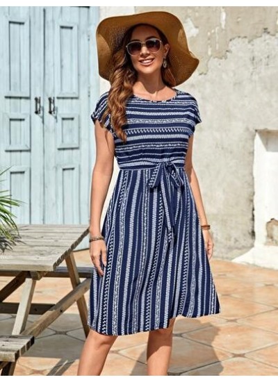 Striped Print Belted Dress - Choose Your Size