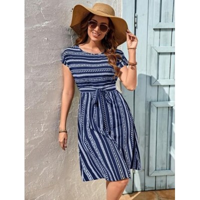 Striped Print Belted Dress - Choose Your Size