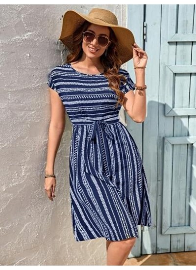 Striped Print Belted Dress - Choose Your Size