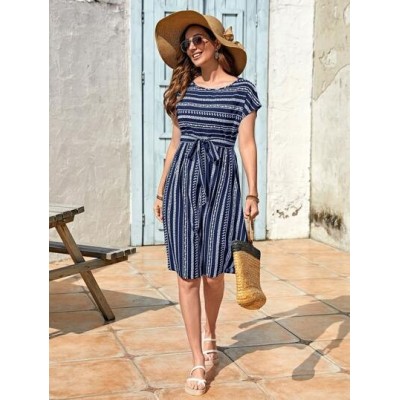 Striped Print Belted Dress - Choose Your Size