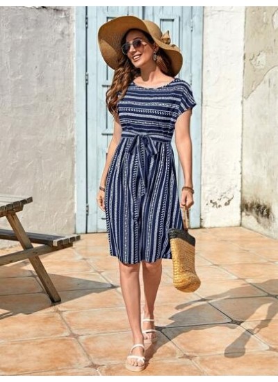 Striped Print Belted Dress - Choose Your Size