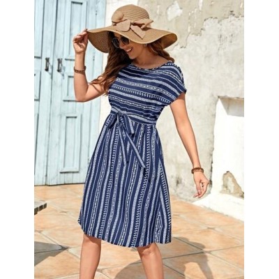 Striped Print Belted Dress - Choose Your Size