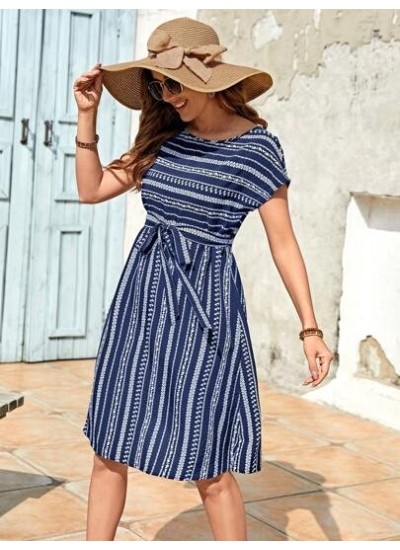 Striped Print Belted Dress - Choose Your Size