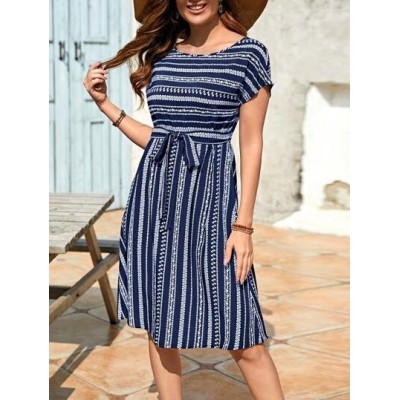 Striped Print Belted Dress - Choose Your Size