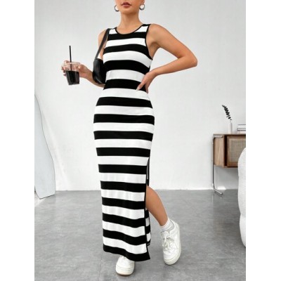 EZwear Women.s Striped Side Split Sleeveless Dress - Choose Your Size