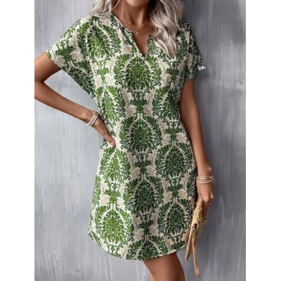 LUNE Summer Allover Print Notched Neck Batwing Sleeve Tunic Dress - Choose Your