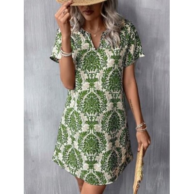 LUNE Summer Allover Print Notched Neck Batwing Sleeve Tunic Dress - Choose Your