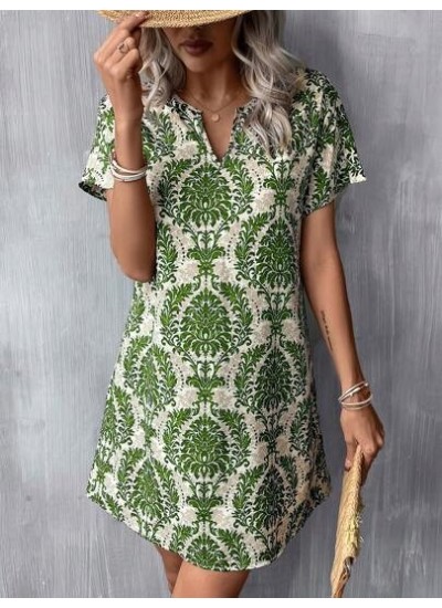 LUNE Summer Allover Print Notched Neck Batwing Sleeve Tunic Dress - Choose Your