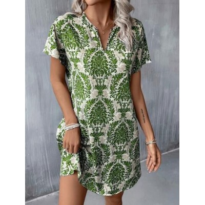 LUNE Summer Allover Print Notched Neck Batwing Sleeve Tunic Dress - Choose Your