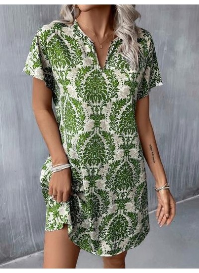 LUNE Summer Allover Print Notched Neck Batwing Sleeve Tunic Dress - Choose Your