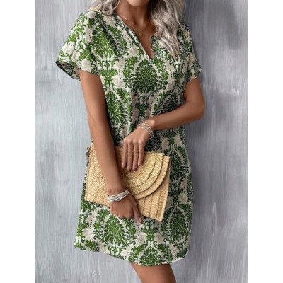 LUNE Summer Allover Print Notched Neck Batwing Sleeve Tunic Dress - Choose Your