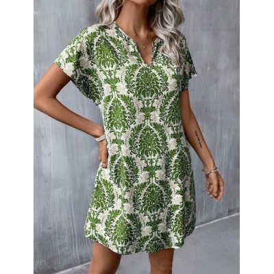 LUNE Summer Allover Print Notched Neck Batwing Sleeve Tunic Dress - Choose Your