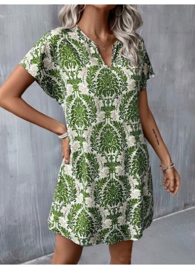 LUNE Summer Allover Print Notched Neck Batwing Sleeve Tunic Dress - Choose Your