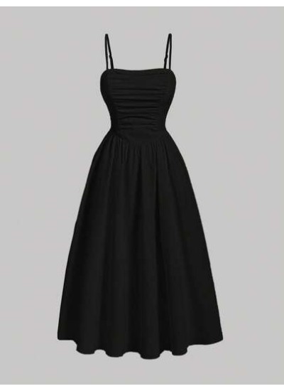 MOD Solid Ruched Cami Black Long Dress - Choose Your Size