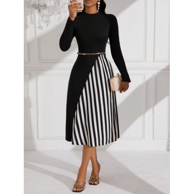 Lady Color Block Striped Long Sleeve Dress - Choose Your Size