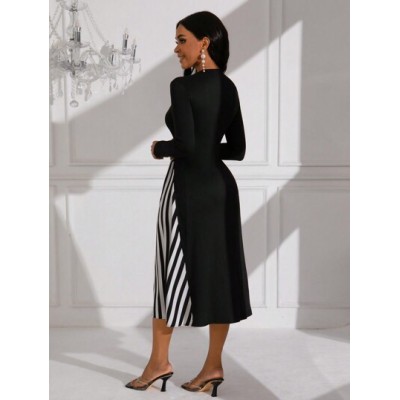 Lady Color Block Striped Long Sleeve Dress - Choose Your Size