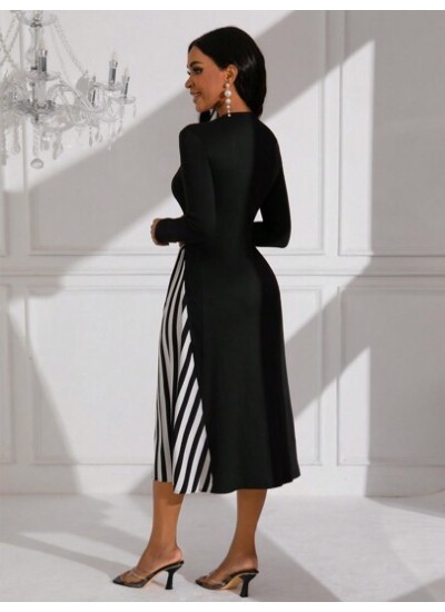 Lady Color Block Striped Long Sleeve Dress - Choose Your Size