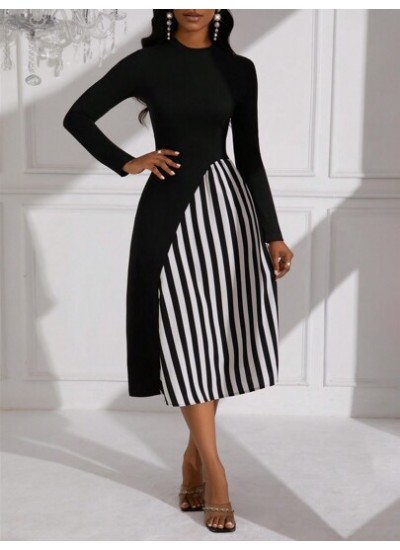 Lady Color Block Striped Long Sleeve Dress - Choose Your Size