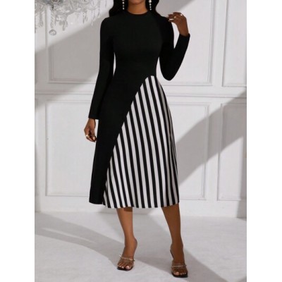 Lady Color Block Striped Long Sleeve Dress - Choose Your Size