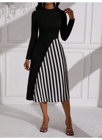 Lady Color Block Striped Long Sleeve Dress - Choose Your Size