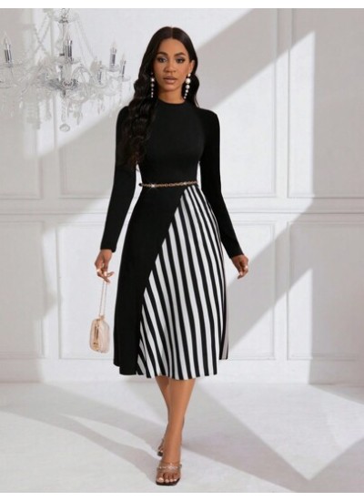 Lady Color Block Striped Long Sleeve Dress - Choose Your Size