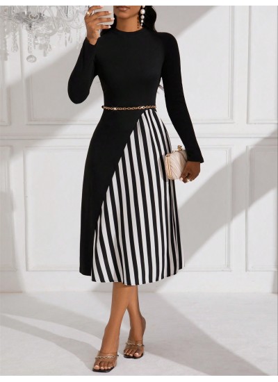 Lady Color Block Striped Long Sleeve Dress - Choose Your Size