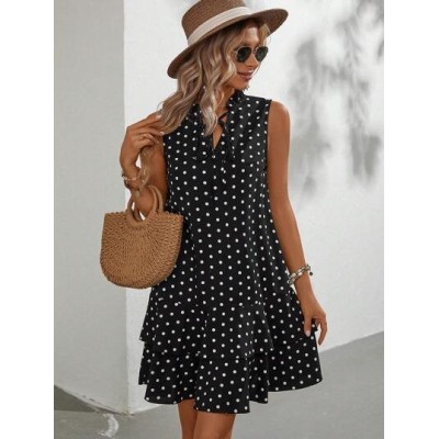 LUNE Polka Dot Printed Sleeveless Dress With Notched Neck, Belt And Ruffle Hem