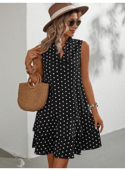 LUNE Polka Dot Printed Sleeveless Dress With Notched Neck, Belt And Ruffle Hem