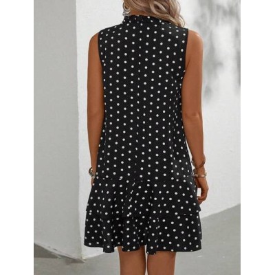 LUNE Polka Dot Printed Sleeveless Dress With Notched Neck, Belt And Ruffle Hem