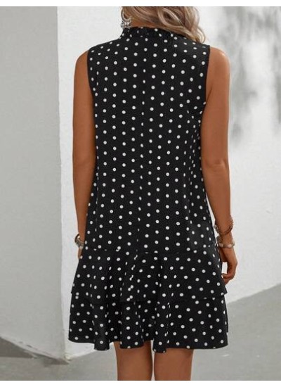 LUNE Polka Dot Printed Sleeveless Dress With Notched Neck, Belt And Ruffle Hem