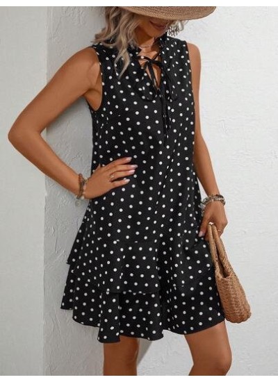 LUNE Polka Dot Printed Sleeveless Dress With Notched Neck, Belt And Ruffle Hem