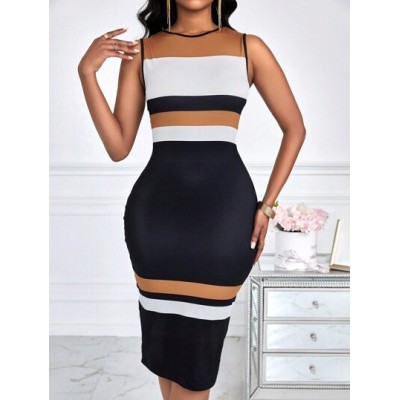 Lady Women.s Color-Blocked Striped Bodycon Dress - Choose Your Size