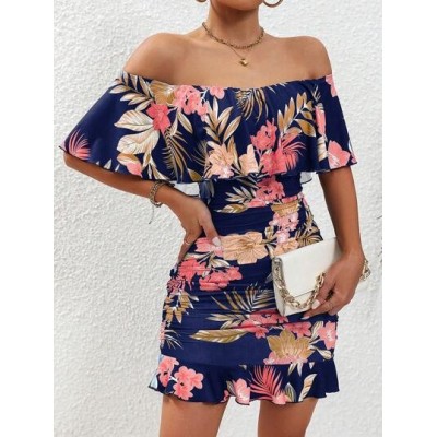 VCAY Tropical Print Off Shoulder Ruffle Trim Dress - Choose Your Size