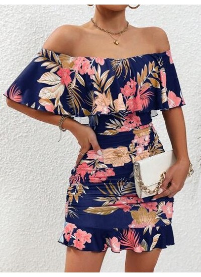 VCAY Tropical Print Off Shoulder Ruffle Trim Dress - Choose Your Size