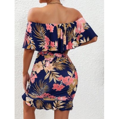 VCAY Tropical Print Off Shoulder Ruffle Trim Dress - Choose Your Size