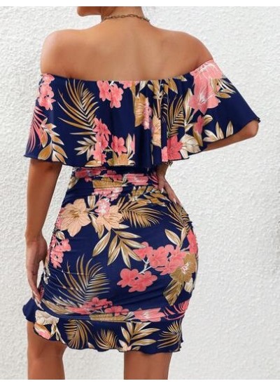 VCAY Tropical Print Off Shoulder Ruffle Trim Dress - Choose Your Size