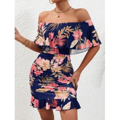 VCAY Tropical Print Off Shoulder Ruffle Trim Dress - Choose Your Size