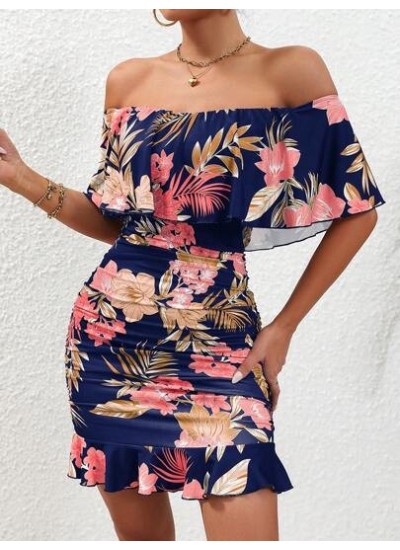 VCAY Tropical Print Off Shoulder Ruffle Trim Dress - Choose Your Size