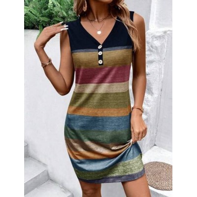 LUNE Color Block Striped Splicing Sleeveless Dress - Choose Your Size