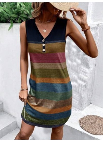 LUNE Color Block Striped Splicing Sleeveless Dress - Choose Your Size