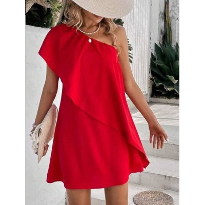 Privé Solid Color Asymmetric Ruffle Trim Decor One-Shoulder Casual Dress - Cho