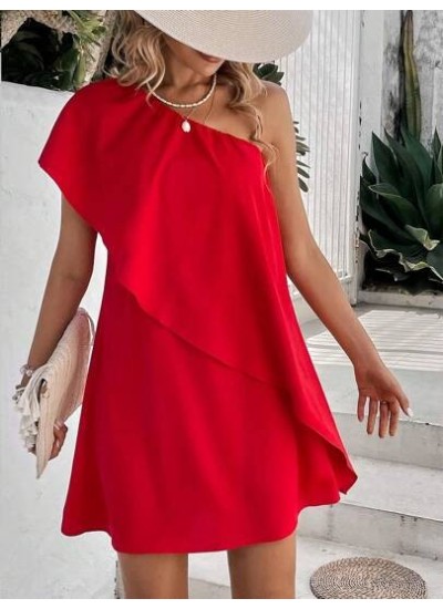 Privé Solid Color Asymmetric Ruffle Trim Decor One-Shoulder Casual Dress - Cho